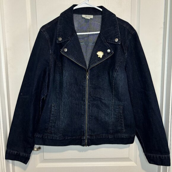 Style & Co Women's Dark Denim Full Zip Snap Collar Jean Jacket, Size Large - Picture 1 of 10
